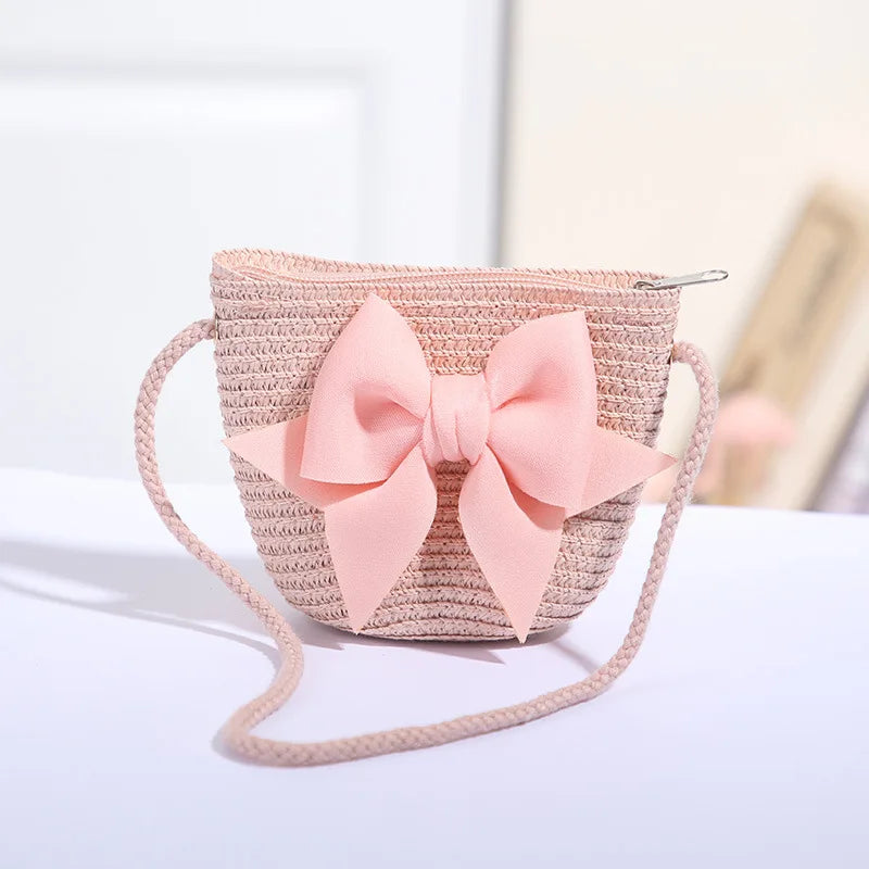 Petit sac de plage fillette en paille tressée, 2 à 6 ans, rose