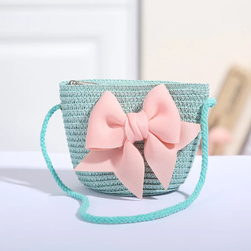 Petit sac de plage fillette en paille tressée, 2 à 6 ans, turquoise