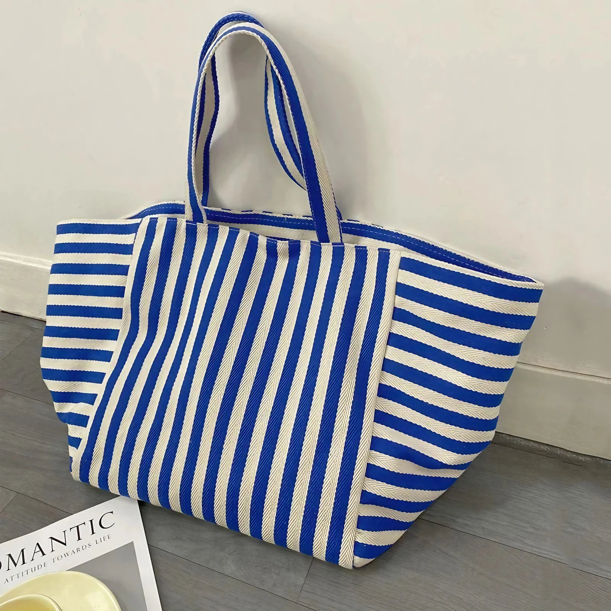 Sac cabas de plage familial en toile rayée, trois coloris, bleu