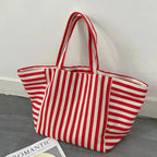 Sac cabas de plage familial en toile rayée, trois coloris, rouge