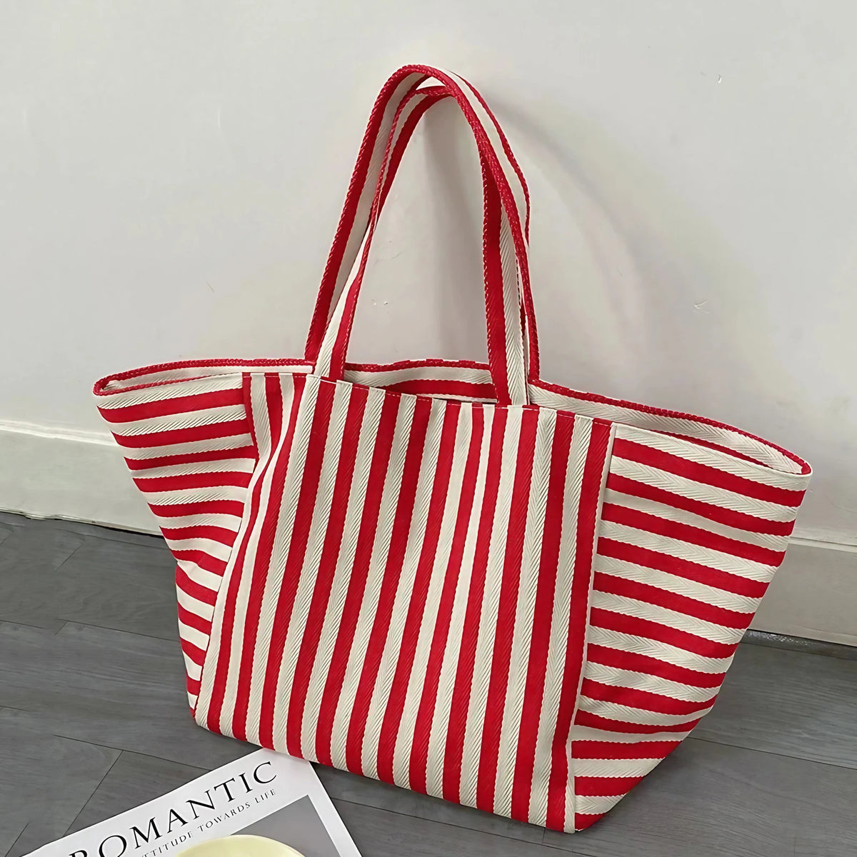Sac cabas de plage familial en toile rayée, trois coloris, rouge