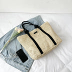 Sac de plage femme en paille zippé, anses en corde, beige ou marron