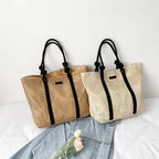 Sac de plage femme en paille zippé, anses en corde, beige ou marron