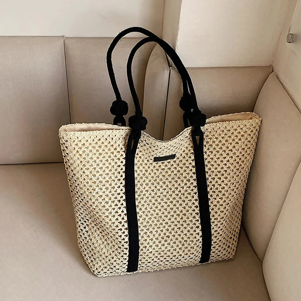 Sac de plage femme en paille zippé, anses en corde, beige ou marron, beige