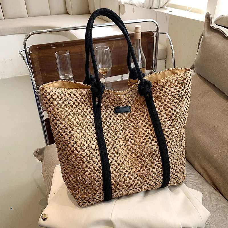 Sac de plage femme en paille zippé, anses en corde, beige ou marron, marron