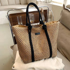 Sac de plage femme en paille zippé, anses en corde, beige ou marron, marron