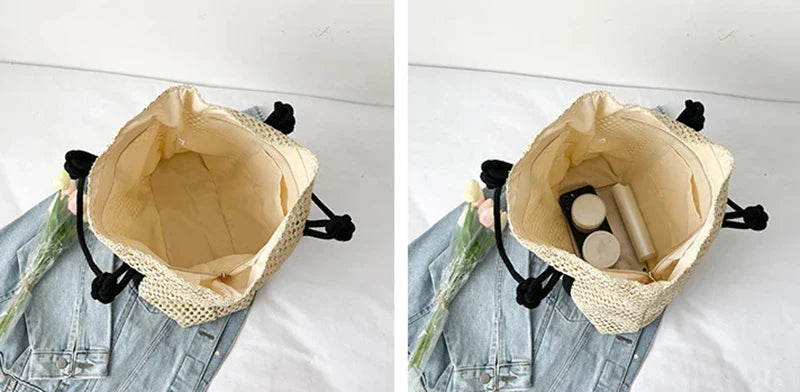 Sac de plage femme en paille zippé, anses en corde, beige ou marron