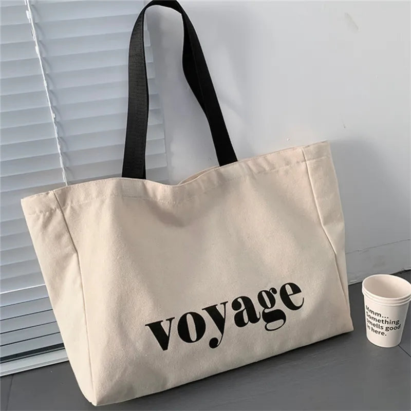 Grand sac de plage femme en toile épaisse, inscription voyage