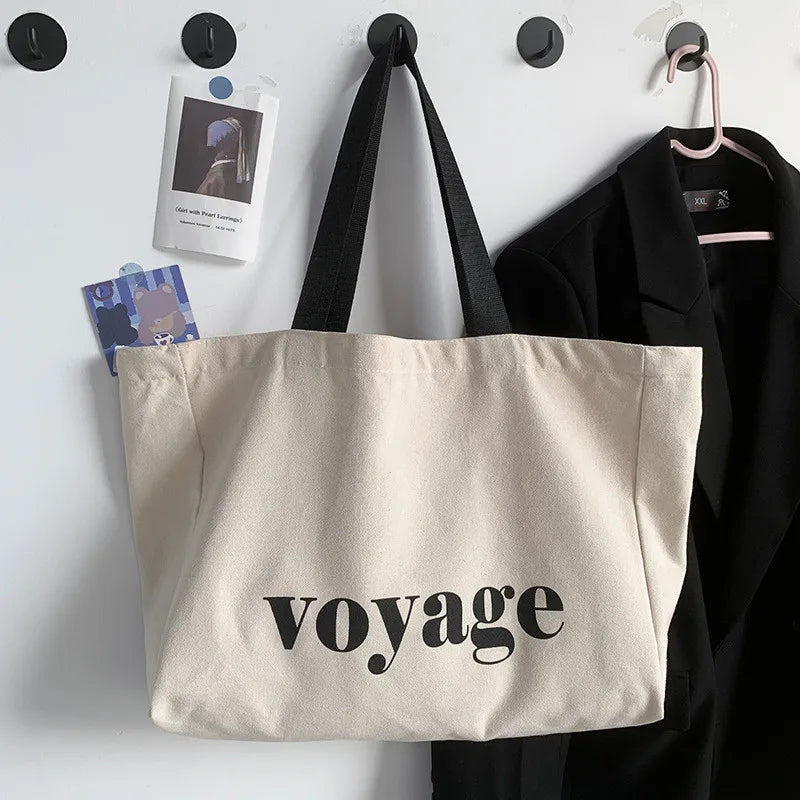 Grand sac de plage femme en toile épaisse, inscription voyage