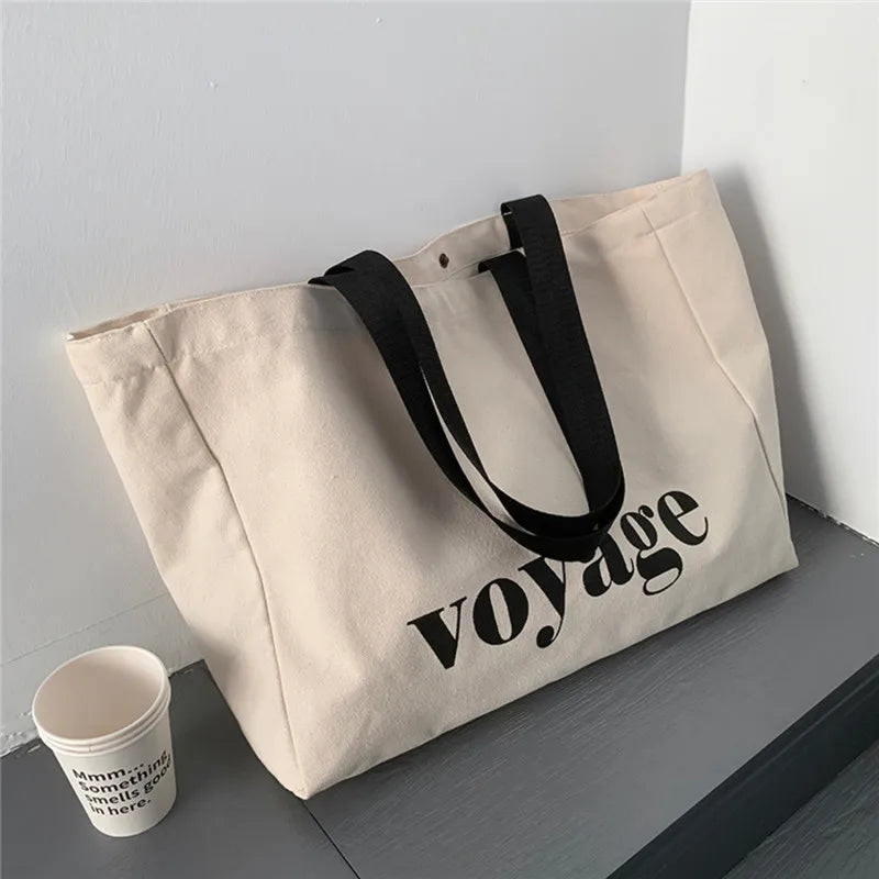 Grand sac de plage femme en toile épaisse, inscription voyage