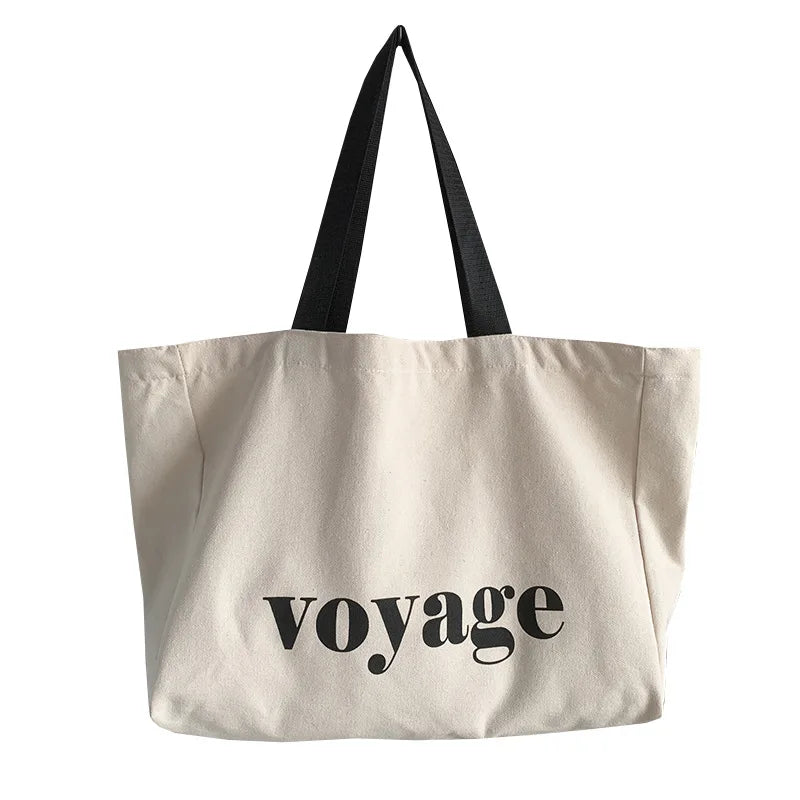 Grand sac de plage femme en toile épaisse, inscription voyage, beige