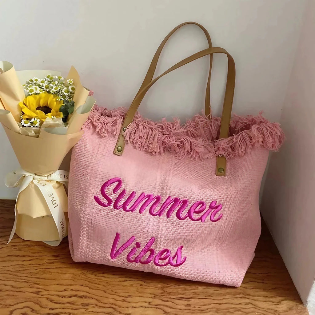 Sac de plage femme en toile à franges, pliable, 47 x 34 cm