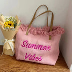 Sac de plage femme en toile à franges, pliable, 47 x 34 cm