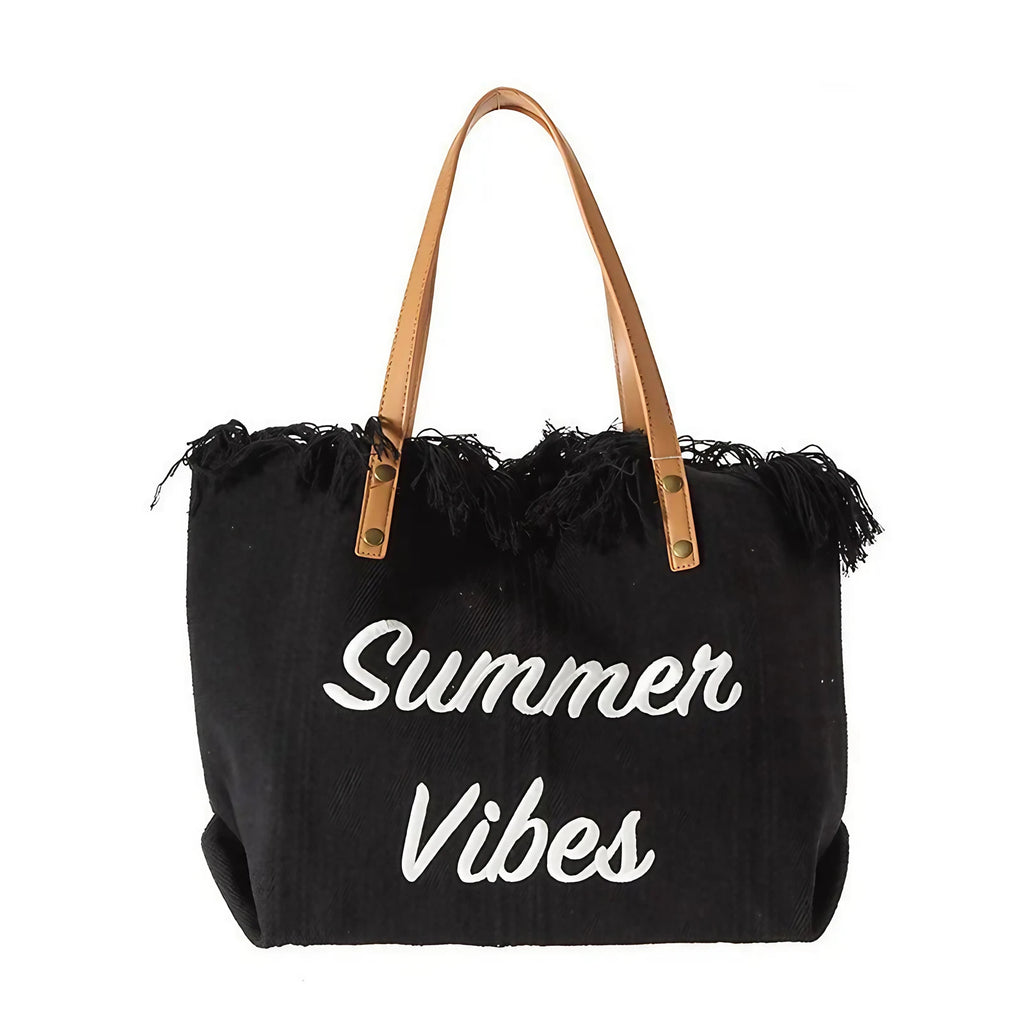 Sac de plage femme en toile à franges, pliable, 47 x 34 cm, noir