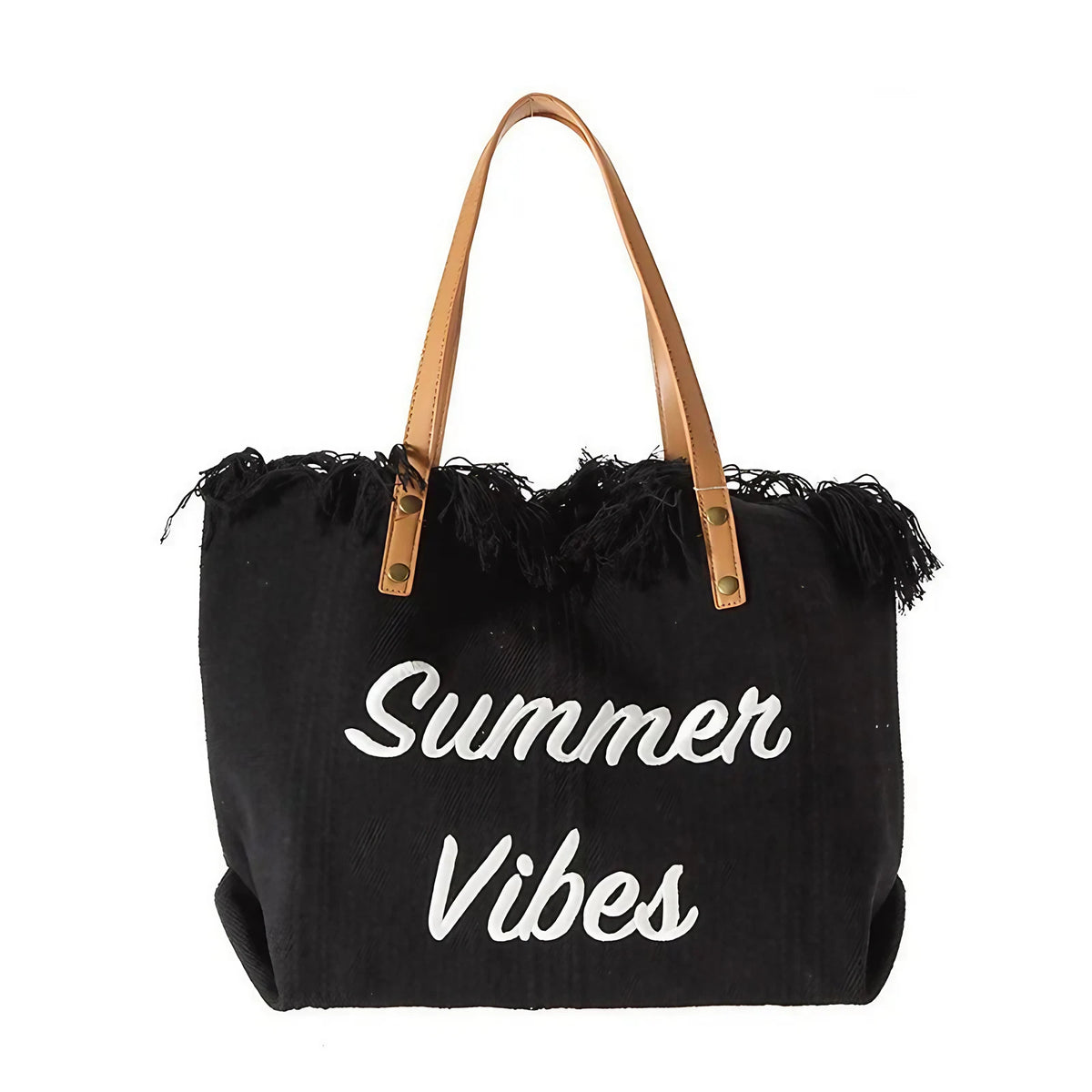 Sac de plage femme en toile à franges, pliable, 47 x 34 cm, noir