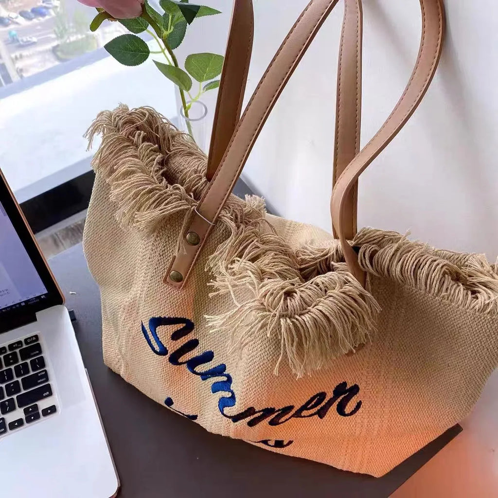Sac de plage femme en toile à franges, pliable, 47 x 34 cm