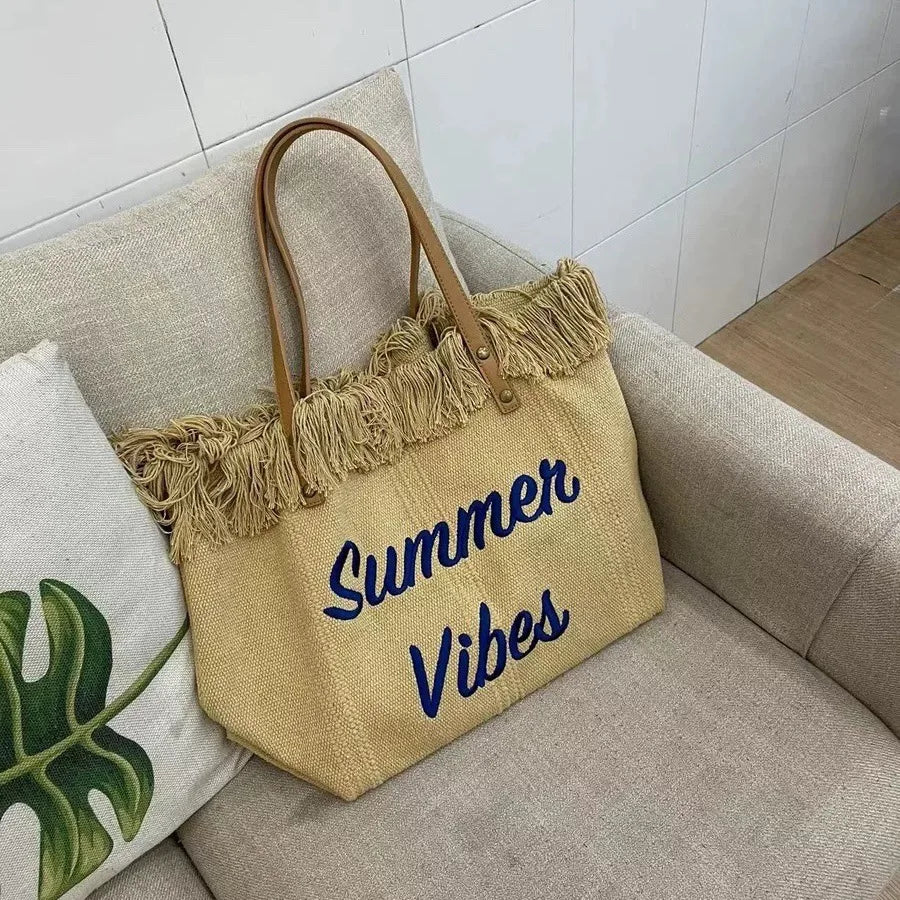 Sac de plage femme en toile à franges, pliable, 47 x 34 cm