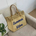 Sac de plage femme en toile à franges, pliable, 47 x 34 cm