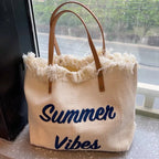 Sac de plage femme en toile à franges, pliable, 47 x 34 cm