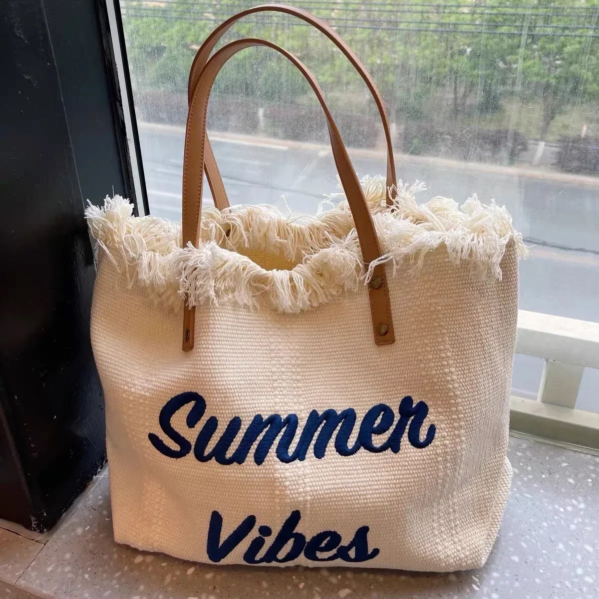 Sac de plage femme en toile à franges, pliable, 47 x 34 cm