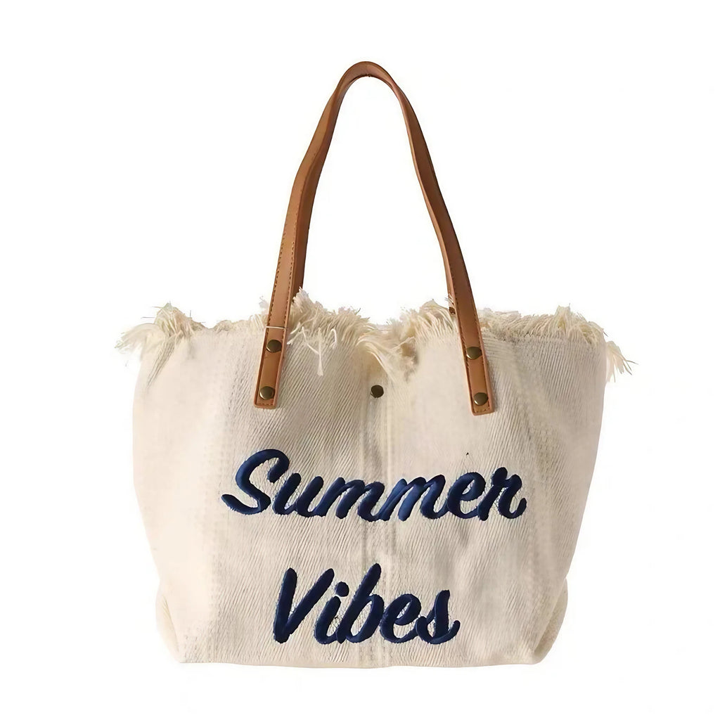 Sac de plage femme en toile à franges, pliable, 47 x 34 cm, crème