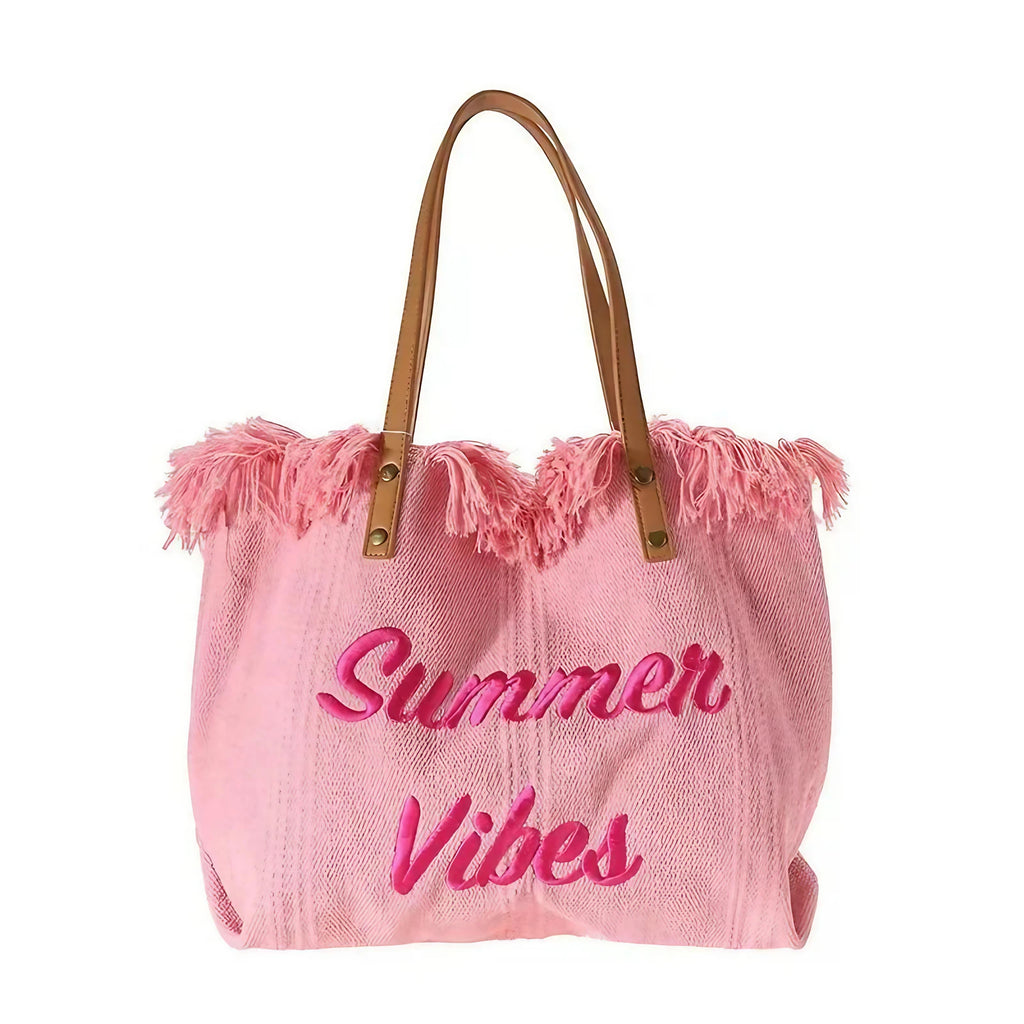 Sac de plage femme en toile à franges, pliable, 47 x 34 cm, rose
