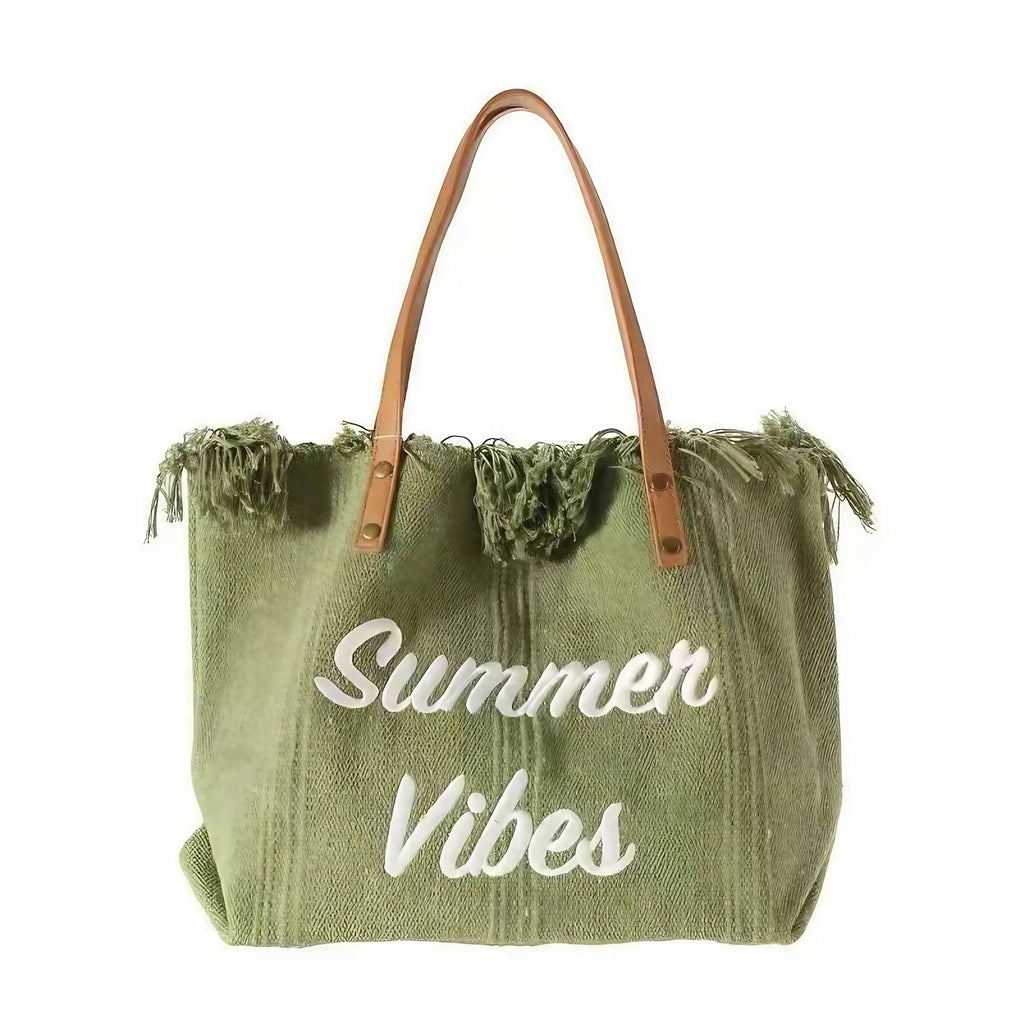 Sac de plage femme en toile à franges, pliable, 47 x 34 cm, vert