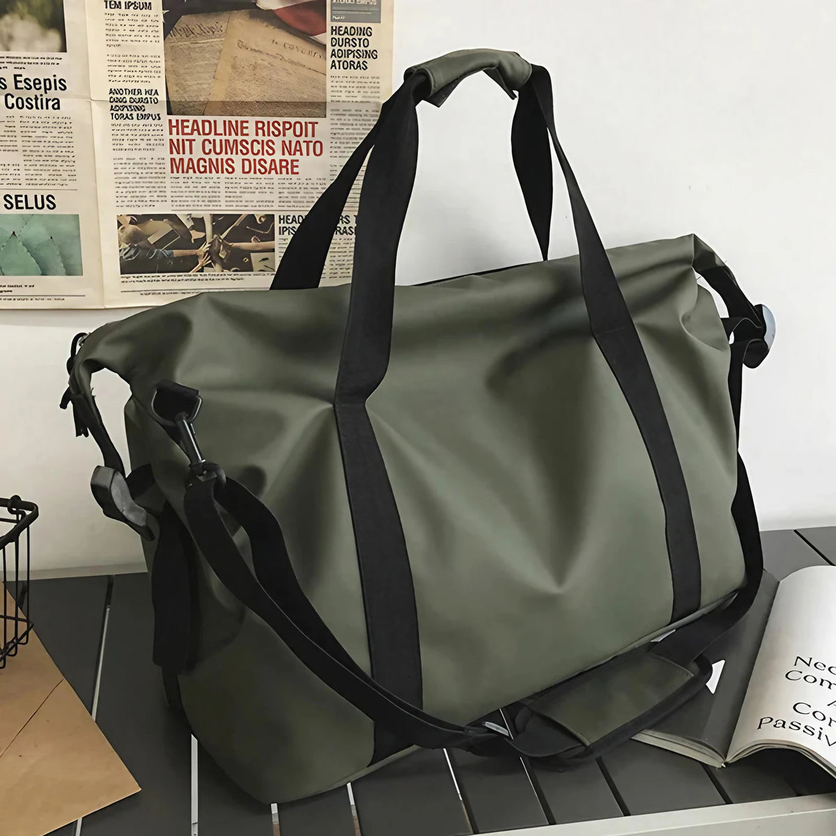 Sac de plage imperméable femme, 50 x 42 cm, bandoulière amovible, kaki