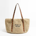 Sac de plage femme en raphia tressé, anses en similicuir, beige