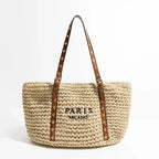 Sac de plage femme en raphia tressé, anses en similicuir, beige