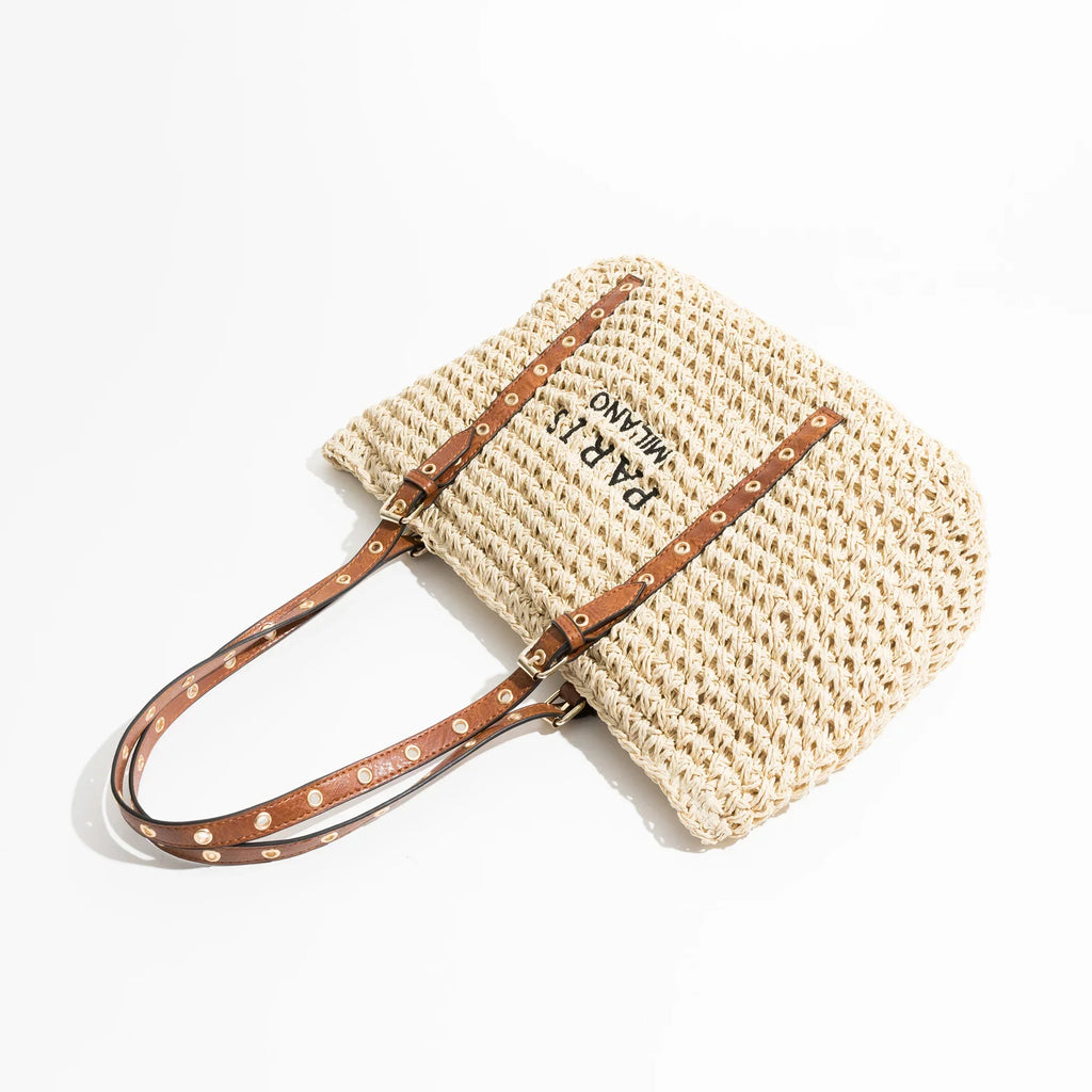 Sac de plage femme en raphia tressé, anses en similicuir