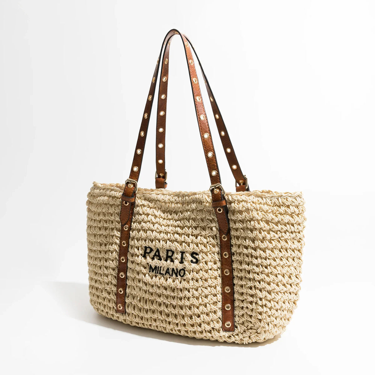 Sac de plage femme en raphia tressé, anses en similicuir