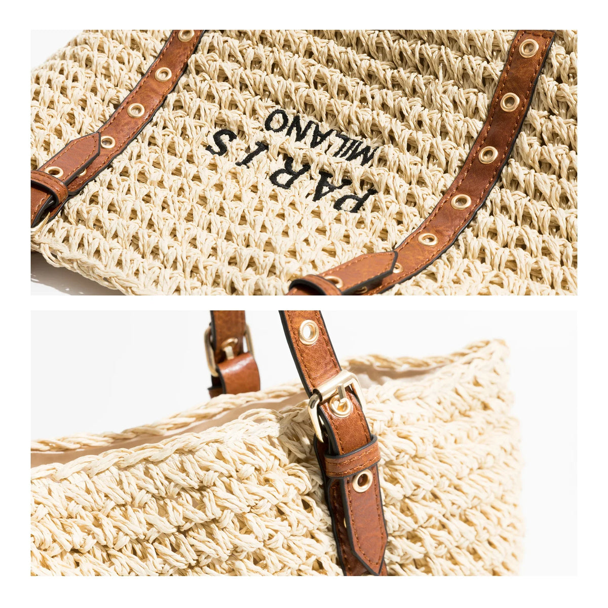 Sac de plage femme en raphia tressé, anses en similicuir