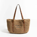 Sac de plage femme en raphia tressé, anses en similicuir, marron