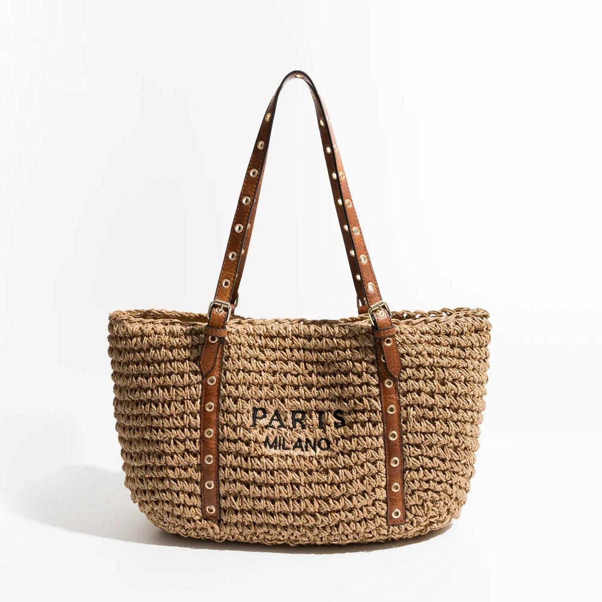 Sac de plage femme en raphia tressé, anses en similicuir, marron