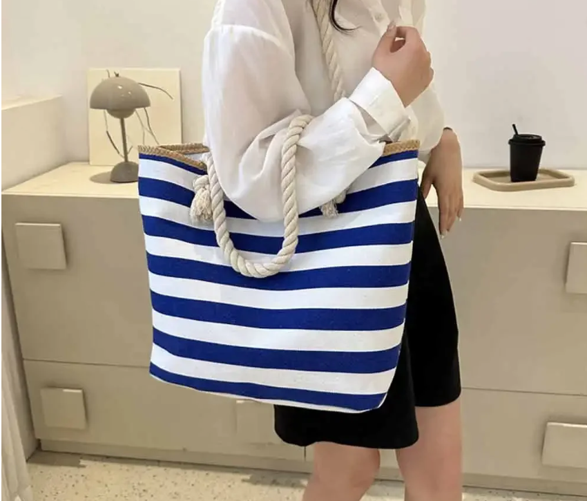 Sac de plage en toile à rayures marinières, zippé