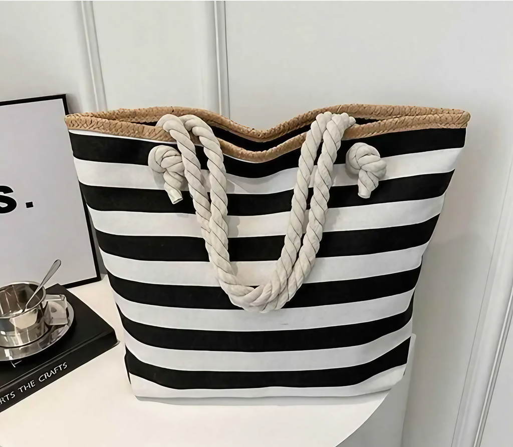 Sac de plage en toile à rayures marinières, zippé, noir