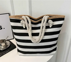 Sac de plage en toile à rayures marinières, zippé, noir