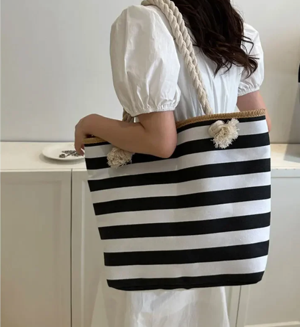 Sac de plage en toile à rayures marinières, zippé