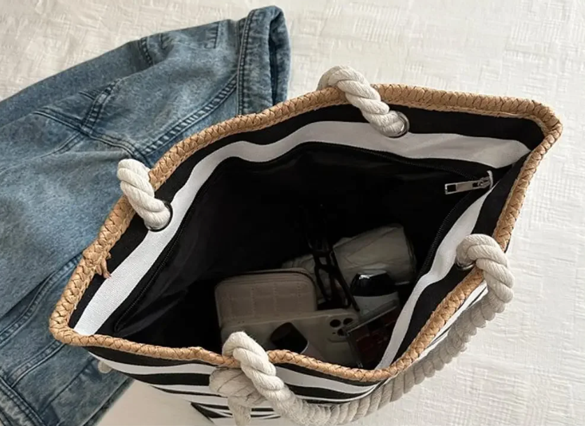 Sac de plage en toile à rayures marinières, zippé
