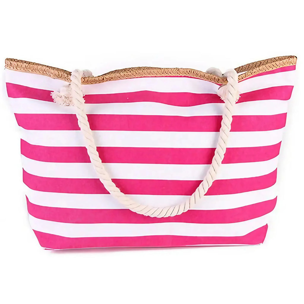 Sac de plage en toile à rayures marinières, zippé, rose