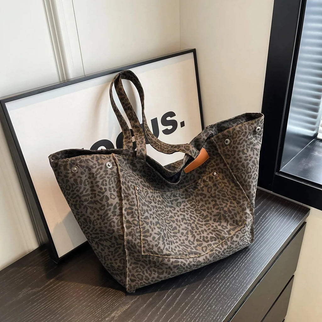 Grand sac de plage en toile, léopard ou uni, pliable, léopard gris foncé