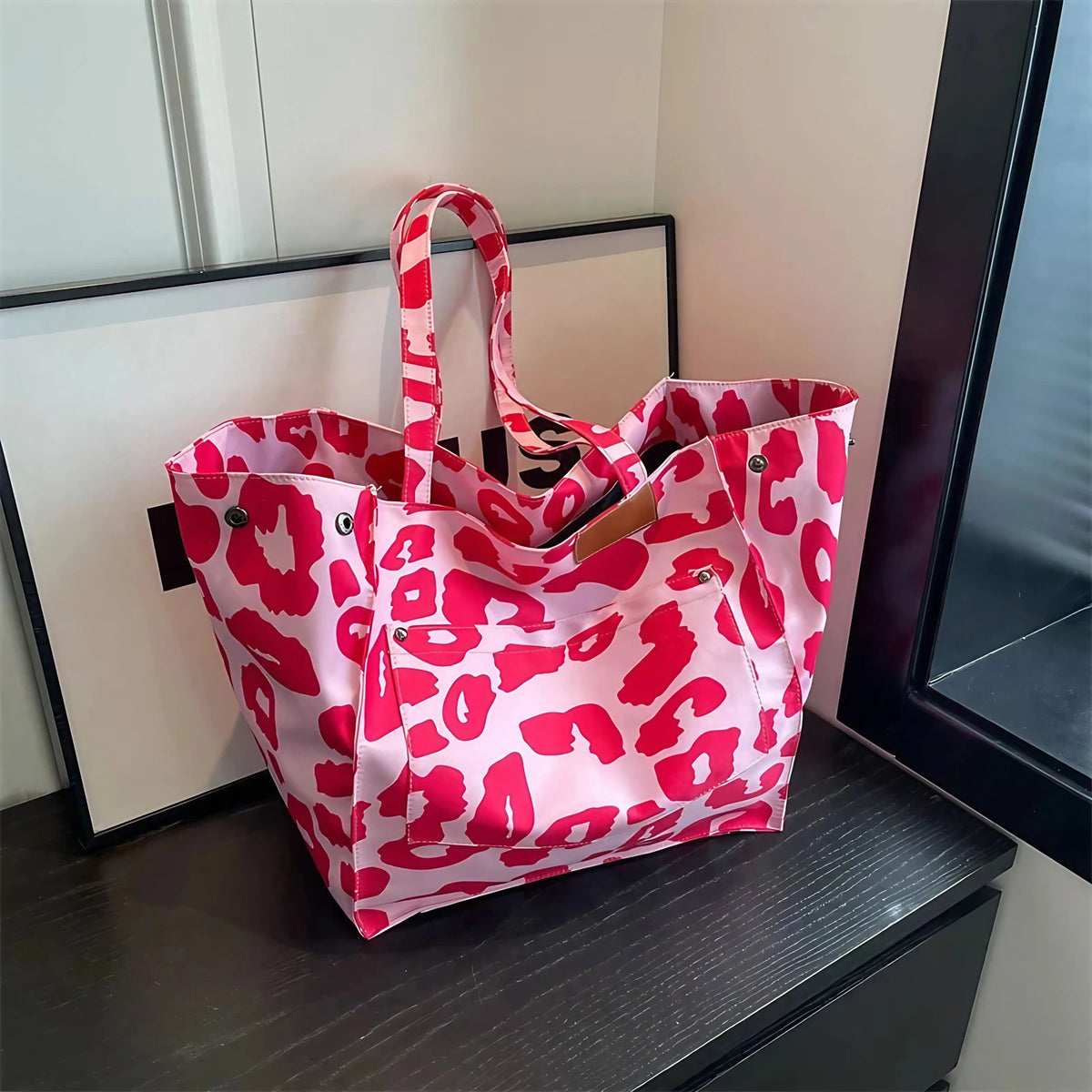 Grand sac de plage en toile, léopard ou uni, pliable, rose
