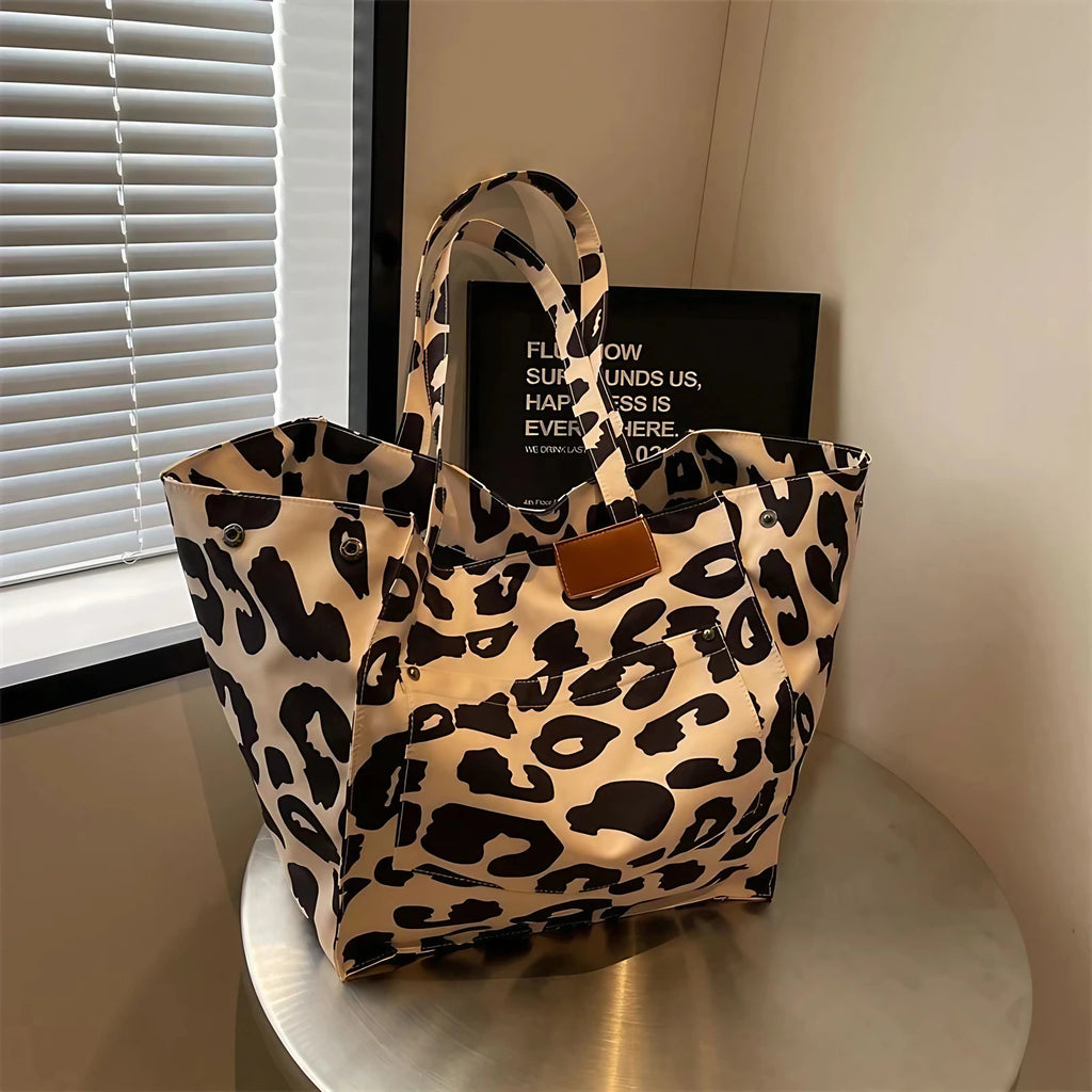 Grand sac de plage en toile, léopard ou uni, pliable, beige