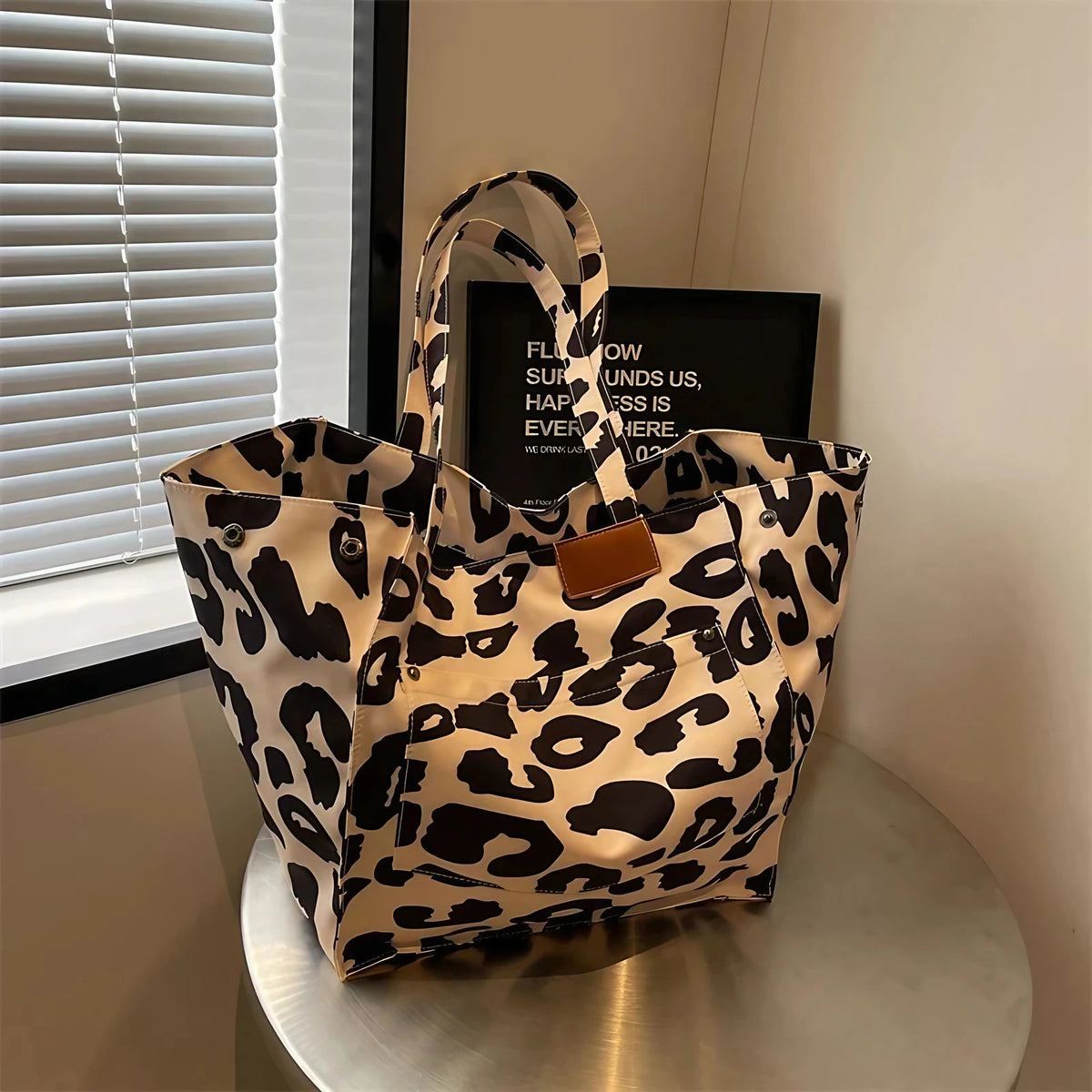 Grand sac de plage en toile, léopard ou uni, pliable, beige