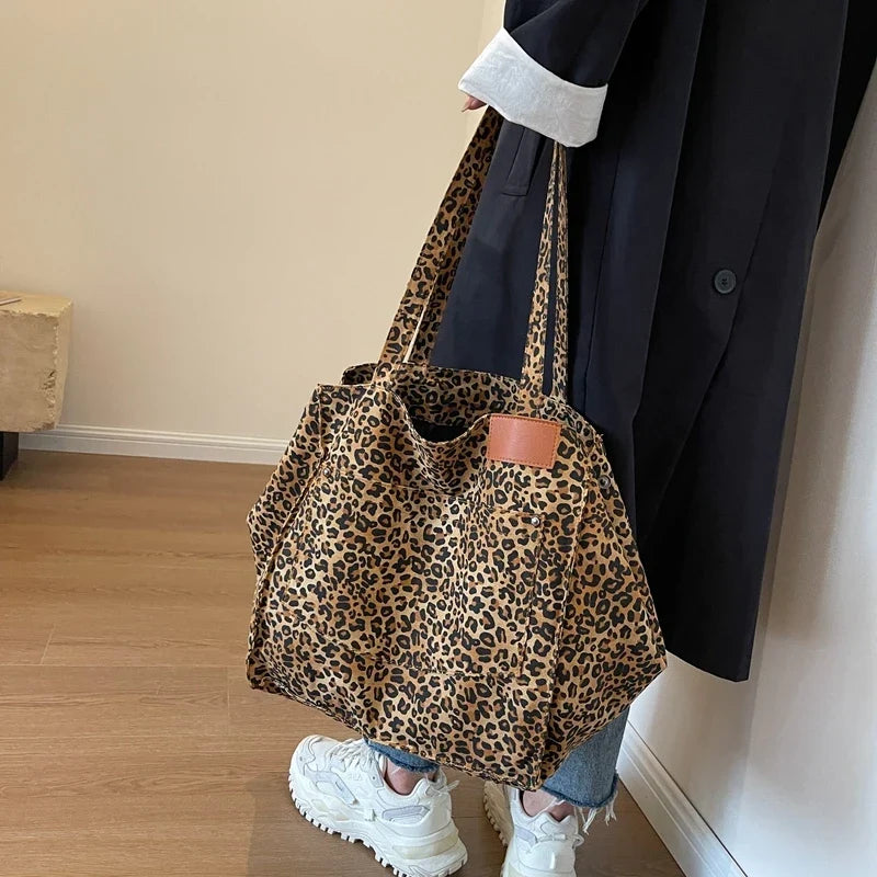 Grand sac de plage en toile, léopard ou uni, pliable