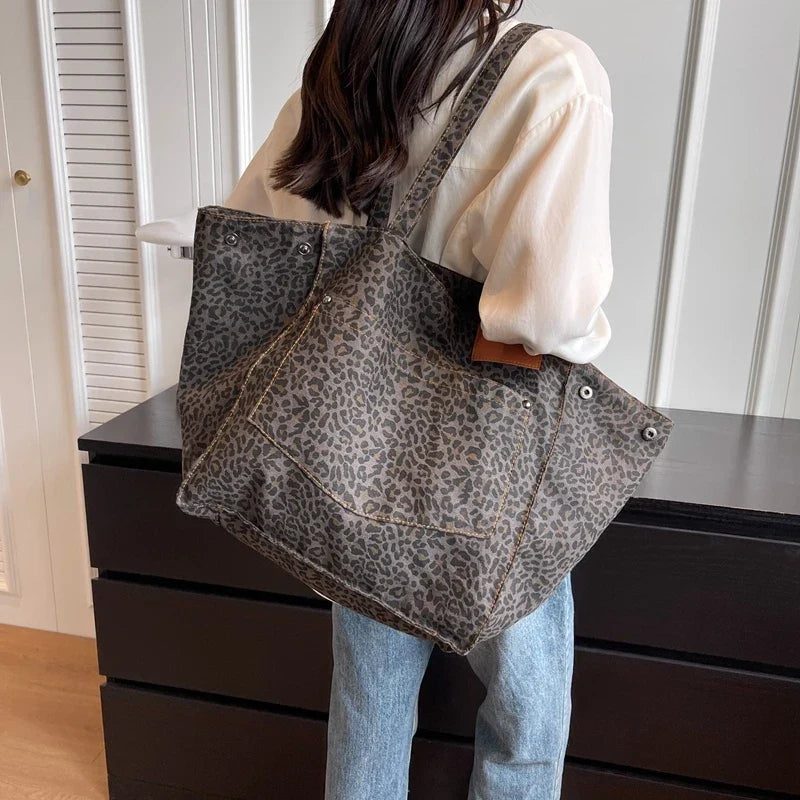 Grand sac de plage en toile, léopard ou uni, pliable