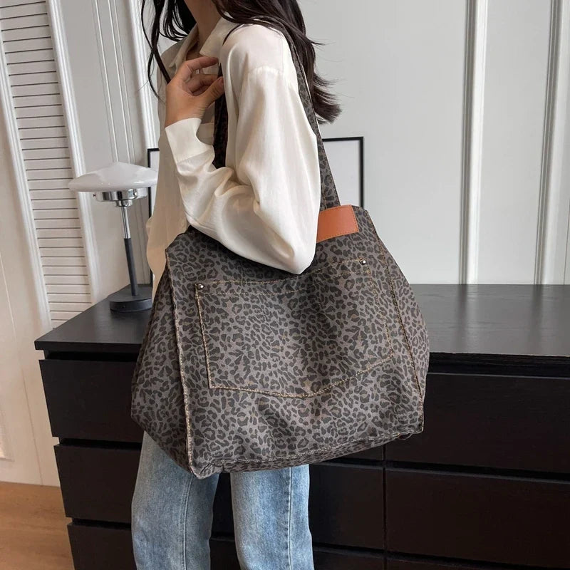 Grand sac de plage en toile, léopard ou uni, pliable