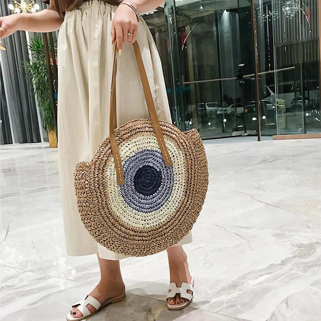 Sac rond en paille femme, fermeture éclair, motif œil grec