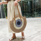 Sac rond en paille femme, fermeture éclair, motif œil grec